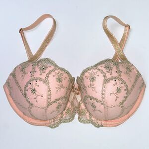NWOT Victoria's Secret Lined Demi Bra Pink Lace Mesh Embroidery Crystals 32DD